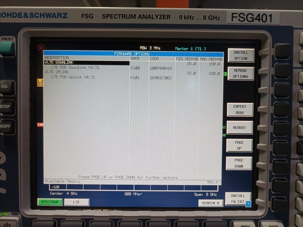 Rohde & Schwarz FSG Spectrum analyzer 9kHz-8GHz, OPT: K100 LTE FDD Downlink V4.71, K101 LTE FDD Uplink V4.71 #