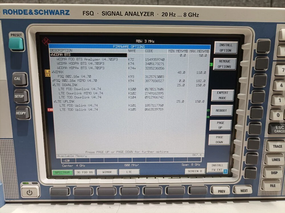 Rohde & Schwarz FSQ8, Signal Analyzer, 20Hz-8GHz, Loaded with Options, SN: 200364 #