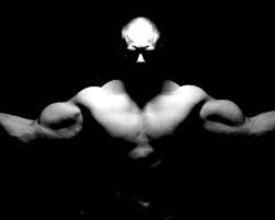Silhouetted bodybuilder flexing muscles in dramatic lighting