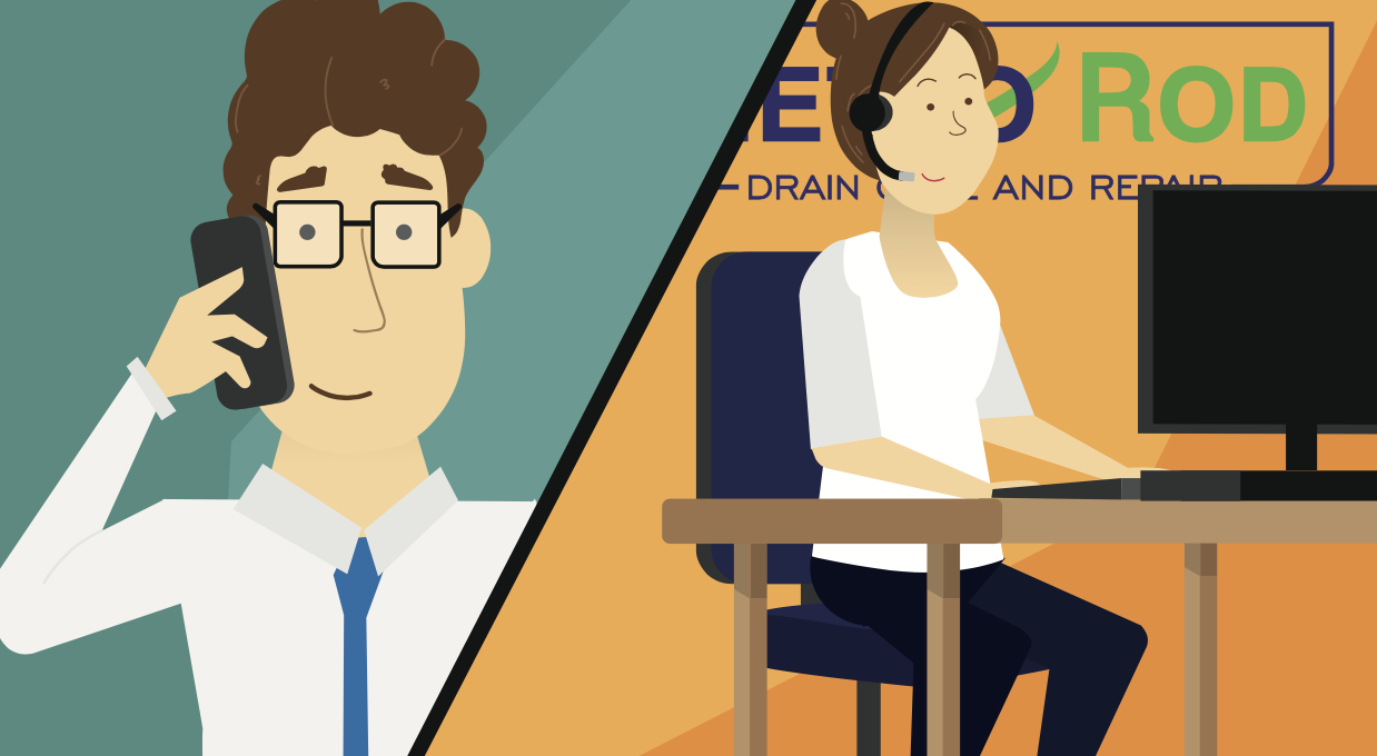 Illustration of a man on a phone and a woman with a headset, divided by diagonal line. Woman is sitting at a desk with a computer, company logo in the background. This is the style frame for Metro Rod Drainage services in the UK
