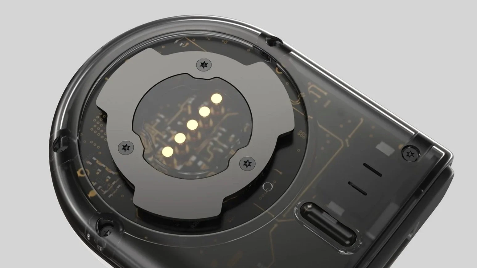 CGI render of a wearable scanner with a transparent housing, designed by MAKE3D