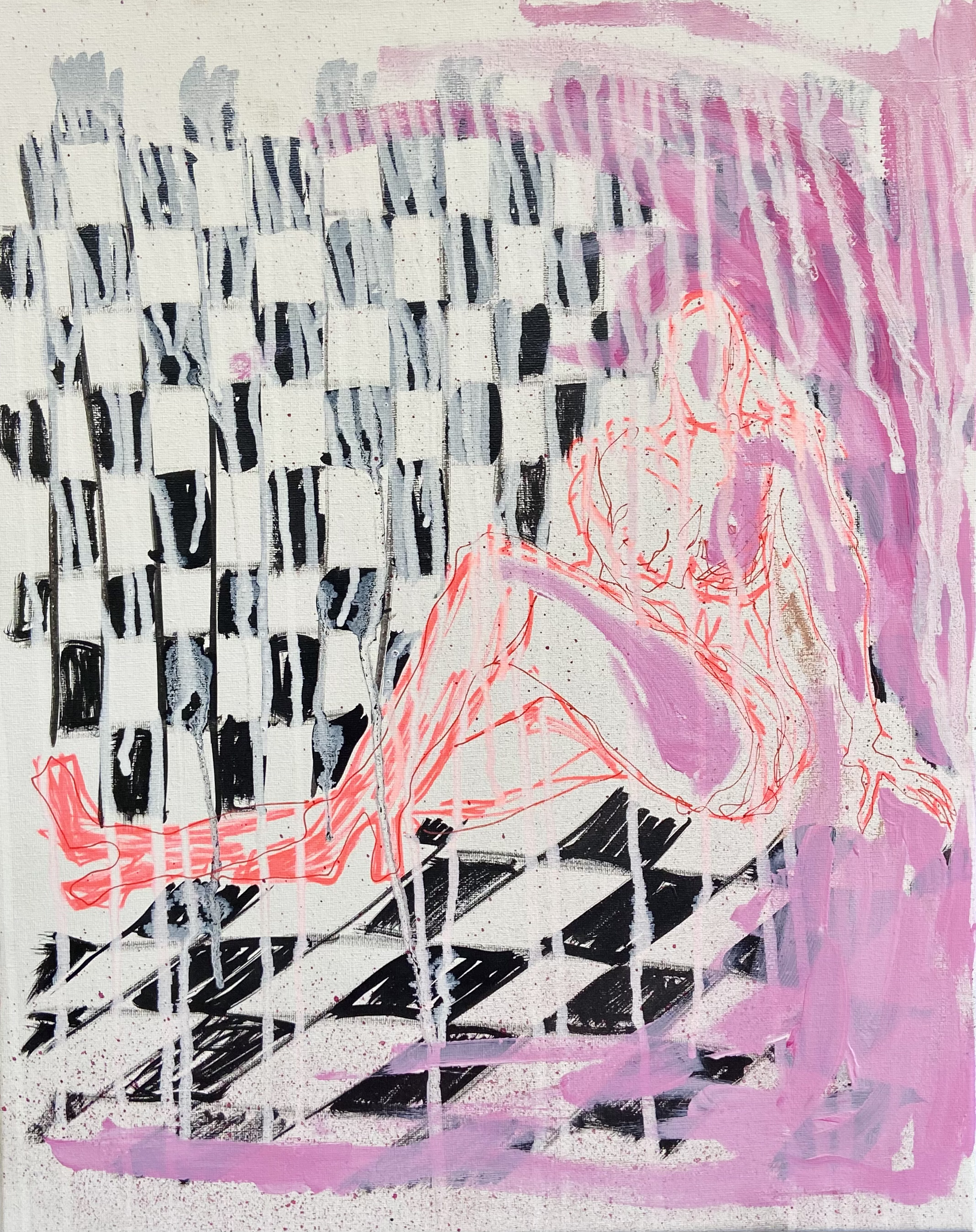Meet me in the restroom, 2022. Acrylics, ink and spraypaint on canvas. 50x60.
