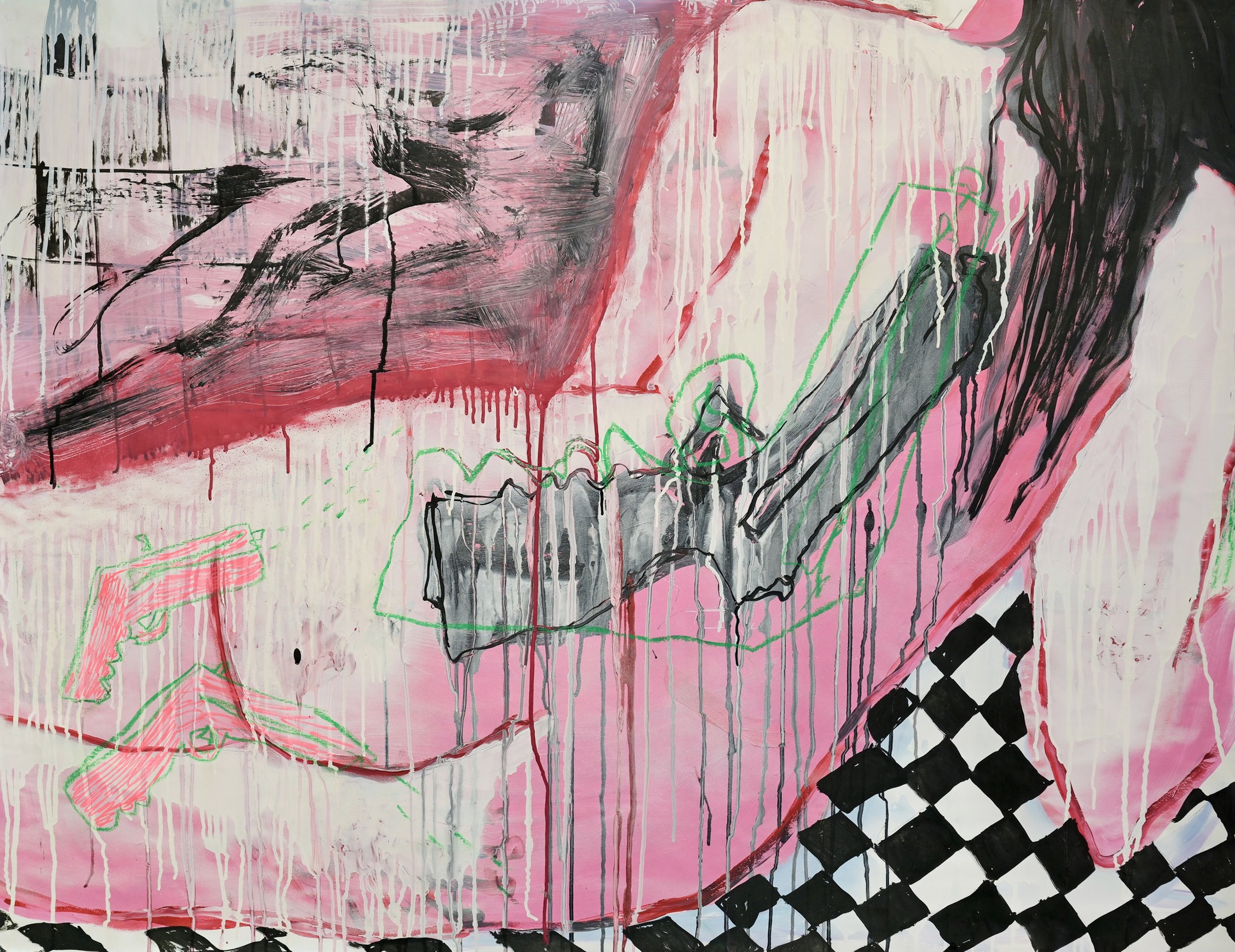 Girl is a gun, 2022. Acrylics, spraypaint, ink and oil pastels on paper. 120x140.