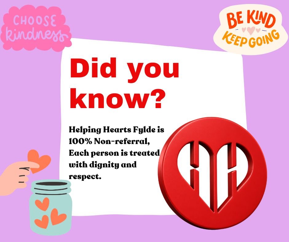 📅 What Happens at Helping Hearts on a Thursday? 📅

Ever wondered what happens at our weekly service? ❤️

Every Thursday, Helping Hearts Fylde provides a safe, welcoming space for those in need across our community.

Here&rsquo;s just some of the su