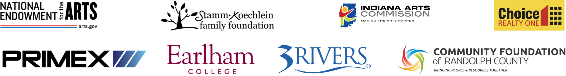 2026 Spring Sponsors, National Endowment for the Arts, Stamm Koechlein Family Foundataion, Primex, Earlham College, 3 Rivers, Choice One Realty, Indiana Arts Commission, and Community Foundation of Randolph County.
