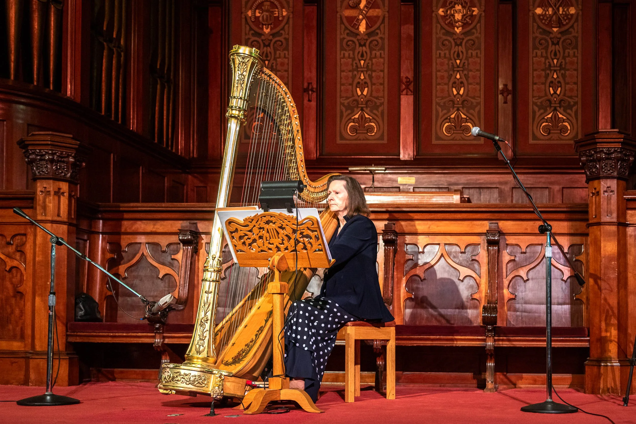 Leslie Stratton plays her harp at The Reid Center.