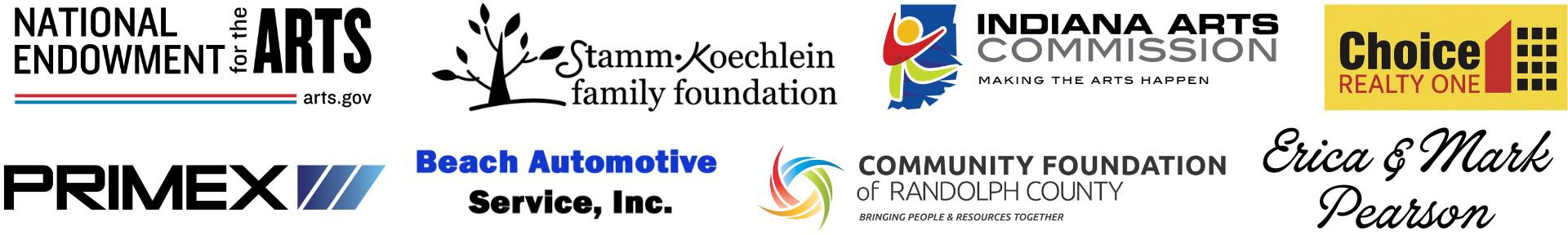 Logos from National Endowment for the Arts, Stamm Koechlein Family Foundation, Indiana Arts Commission, Primex, Beach Automotive Service, Inc., Community Foundation of Randolph County,  and Erica and Mark Pearson.