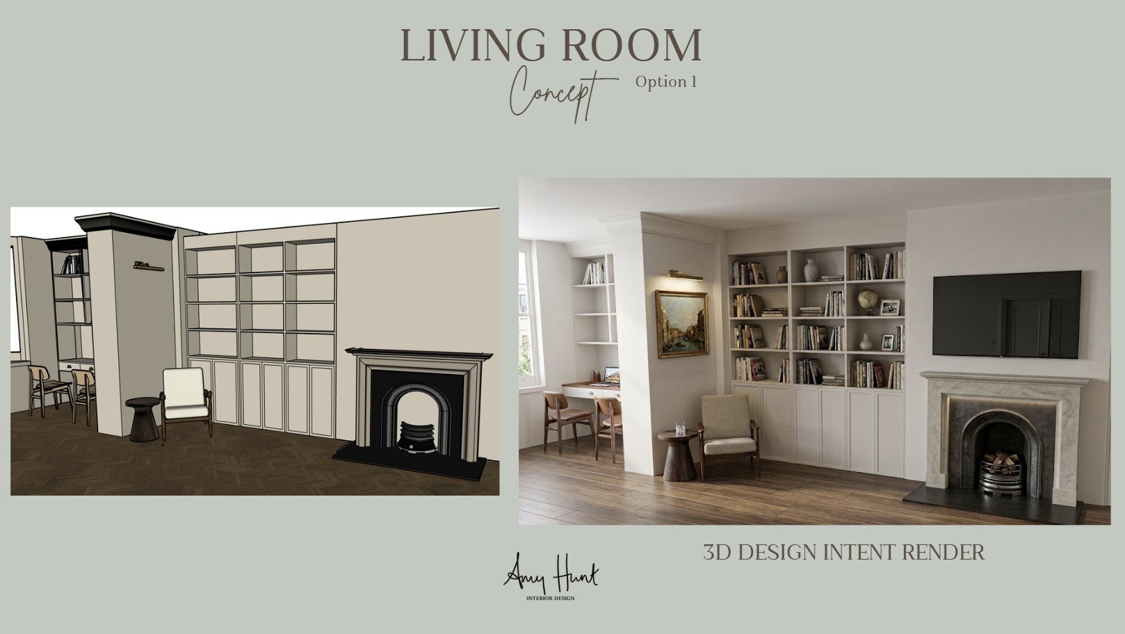 Design: 3D render of the sitting room, with alcove shelving, a fireplace and a TV