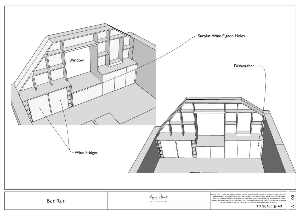 Design: joinery drawing of the bar, with wine fridges and a dishwasher
