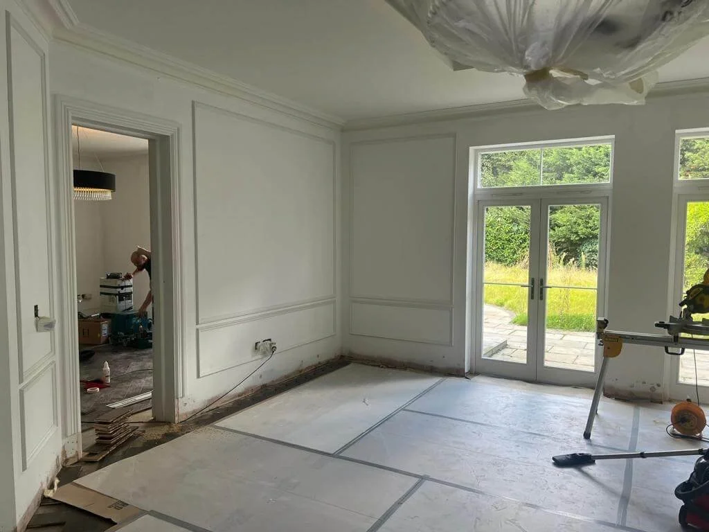 Starting work on the panelling we designed for the Living Room walls