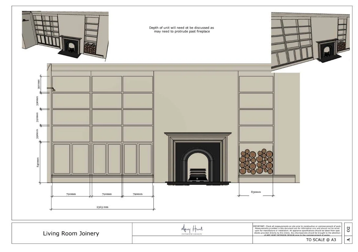 Design: joinery drawing of shelving and cupboards either side of the fireplace
