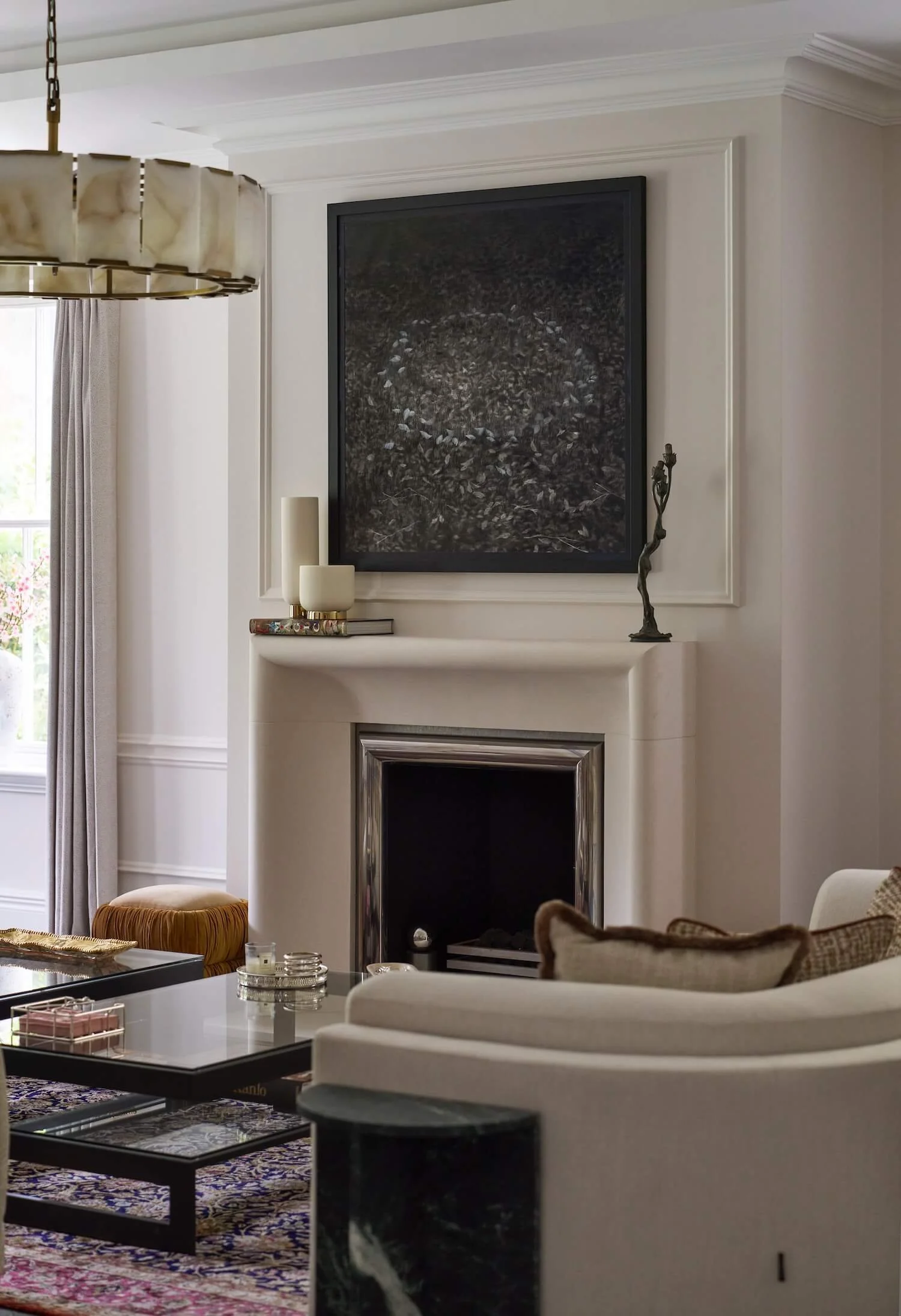 Fireplace, seating and glass table