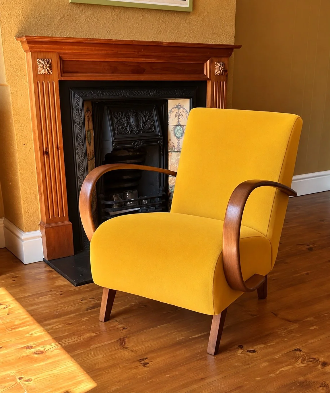 Halabala Armchair in Yellow Velvet, Art Deco