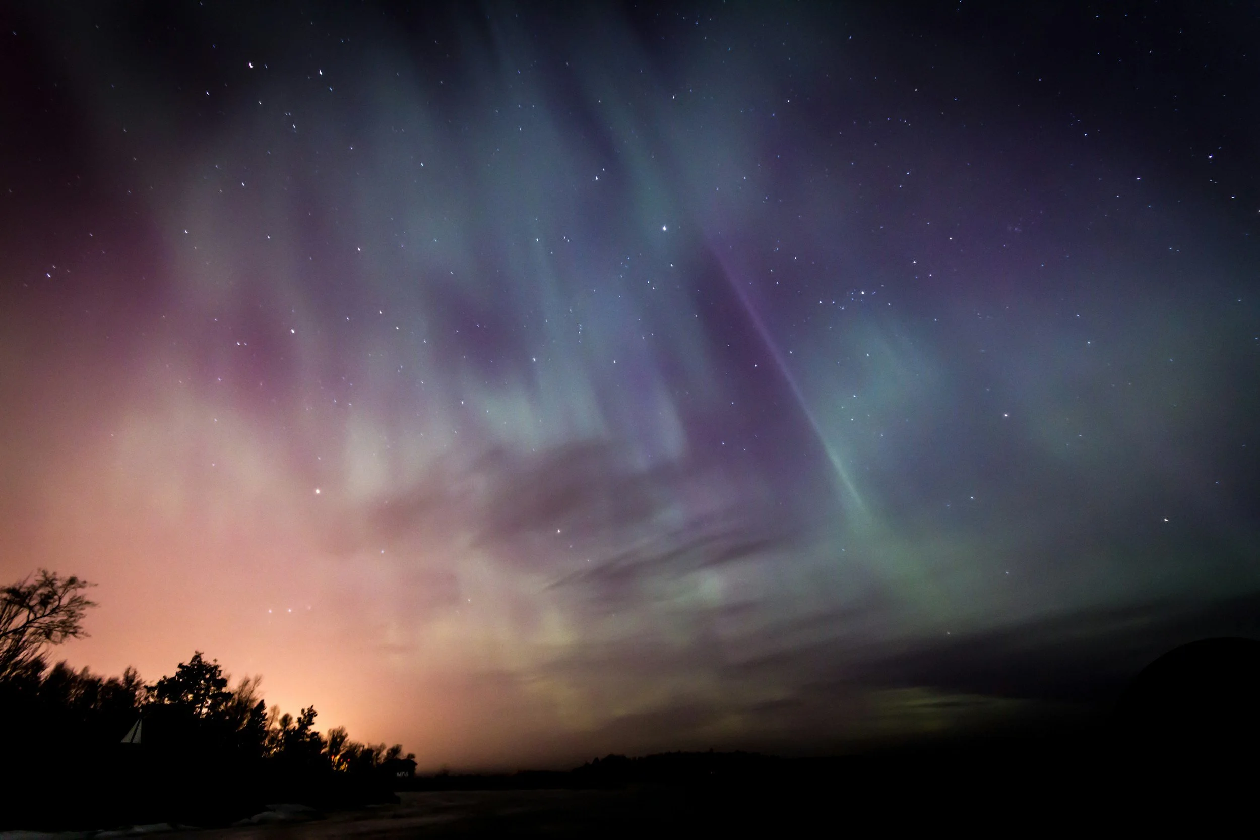 Night sky with colorful aurora borealis and visible stars, silhouetted trees and landscape in the foreground.