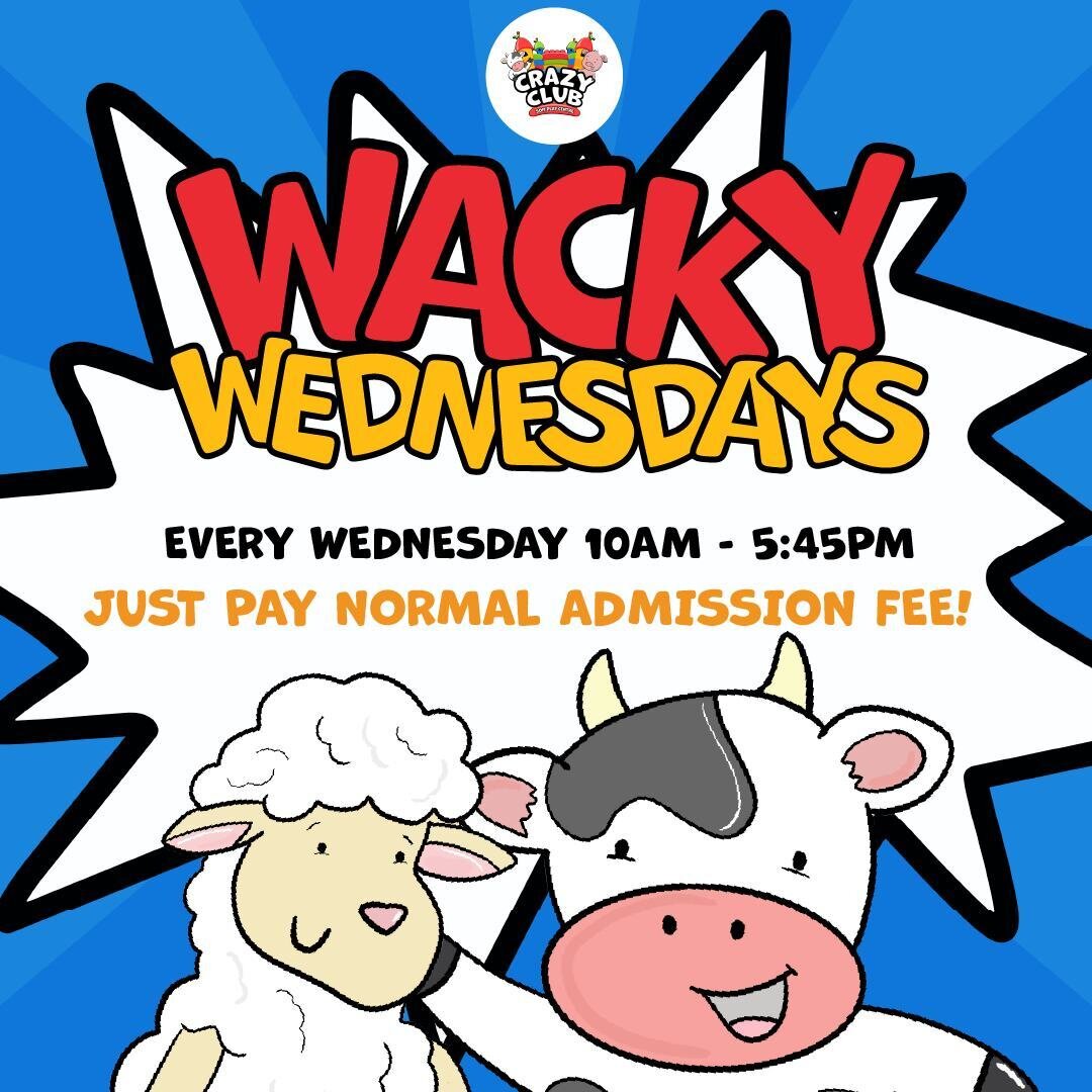 🎉 Join the madness at Crazy Club's Wacky Wednesdays! 🤪🎈

Every Wednesday from 10am to 5:45pm, we're bringing you a wild ride with exciting activities that change every week! 🎉✨ Brace yourself for a day filled with laughter, adventure, and endless