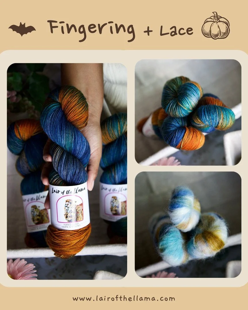 📣Back in stock! Sorry for taking so long a new batch is available at lairofthellama.com ☺️
&bull;
🍂 &quot;Fall by the Lake&quot; -  Fingering weight
🍂 &quot;The blue crown&quot; - Lace weight
🍂
&bull;
&bull;
#fallvibes
#lairofthellama #knitting #