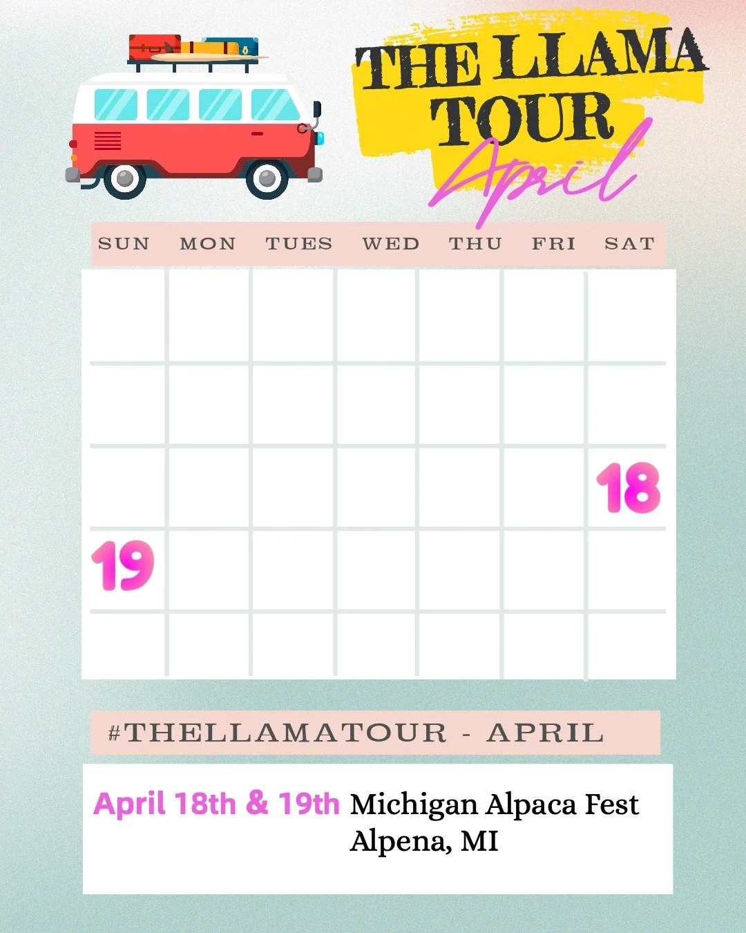 🚌 The Llama Tour 2026 🦙 April &amp; May
&bull;
A P R I L 
📍Michigan Alpaca Fest
Allegan County Fairgrounds
150 Allegan County Fair Drive
&bull;
M A Y
📍@springmakersfest 
📍@greatlakesfibershow 
📍@freshcoastfiberfest 
&bull;
&bull;
#lairofthellam