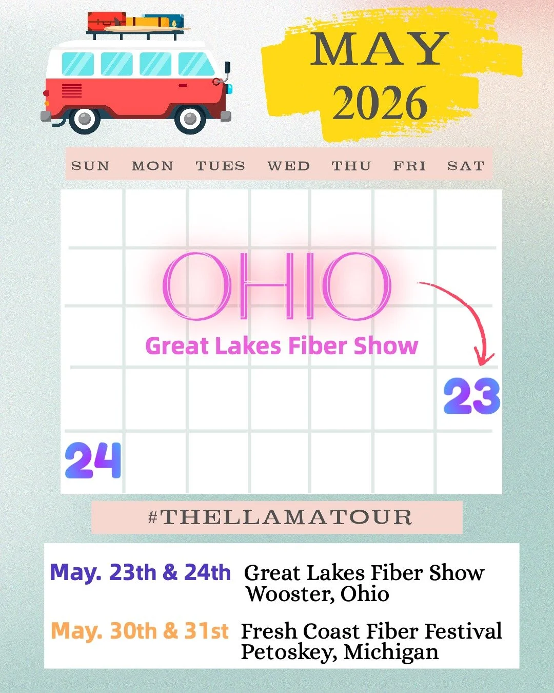 🚌 The Llama Tour 2026 🦙 O H I O ✨
Great Lakes Fiber Show is happening this weekend at Wayne County Fairgrounds in Wooster, OH.
&bull;
M A Y  23 - 24
📍@greatlakesfibershow
&bull;
&bull;
#lairofthellama #thellamatour2026 #ohiofestivals #ohiofestival