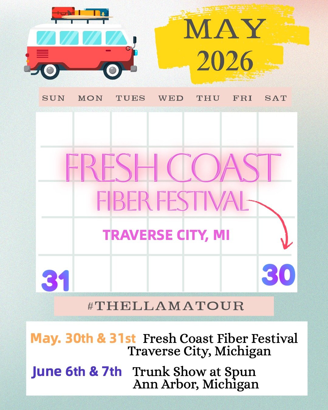 🚌 The Llama Tour 2026 🦙 M A Y - J U N E
&bull;
M A Y
📍@freshcoastfiberfest

J U N E
📍@spunannarbor

&bull;
&bull;
#lairofthellama #spunannarbor  #KnittersofInstagram #michigan #puremichigan #michiganartist #michiganmadeproducts #knitting