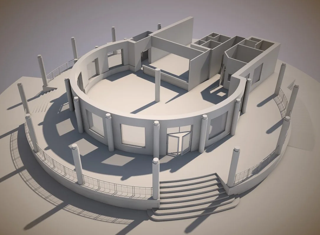 3D model kruhové budovy restaurace vytvořený na základě laserového skenování