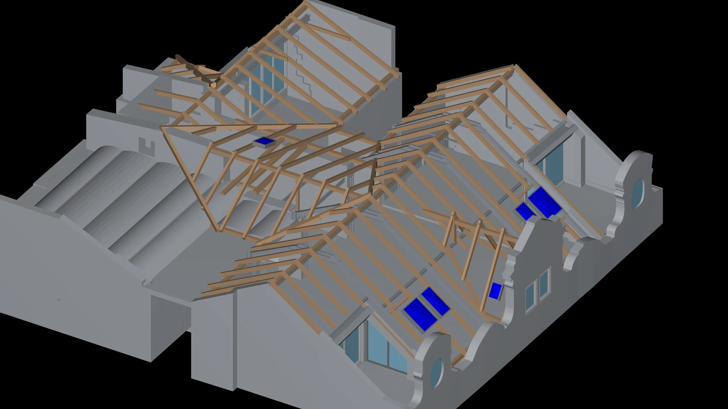Celkovy pohled na 3D BIM model mansardniho podlazi se slozitym krovem