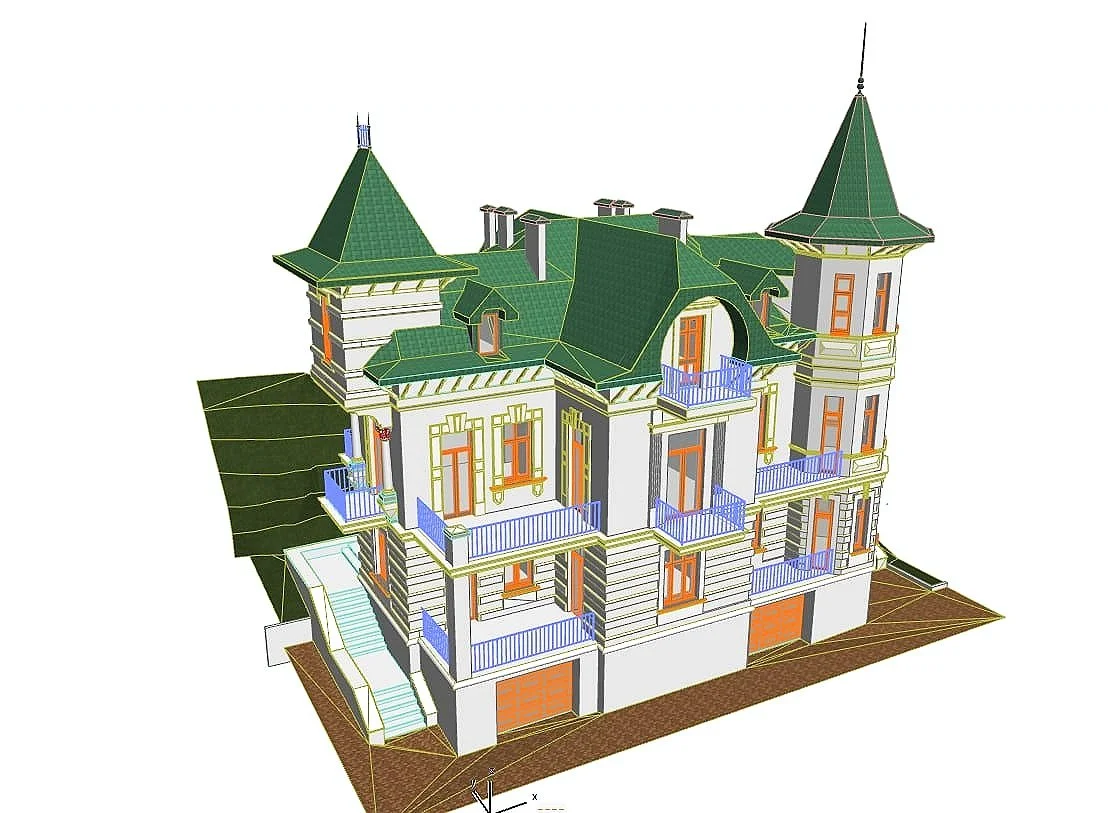 Detailed 3D BIM model of a historic villa with towers and balconies.