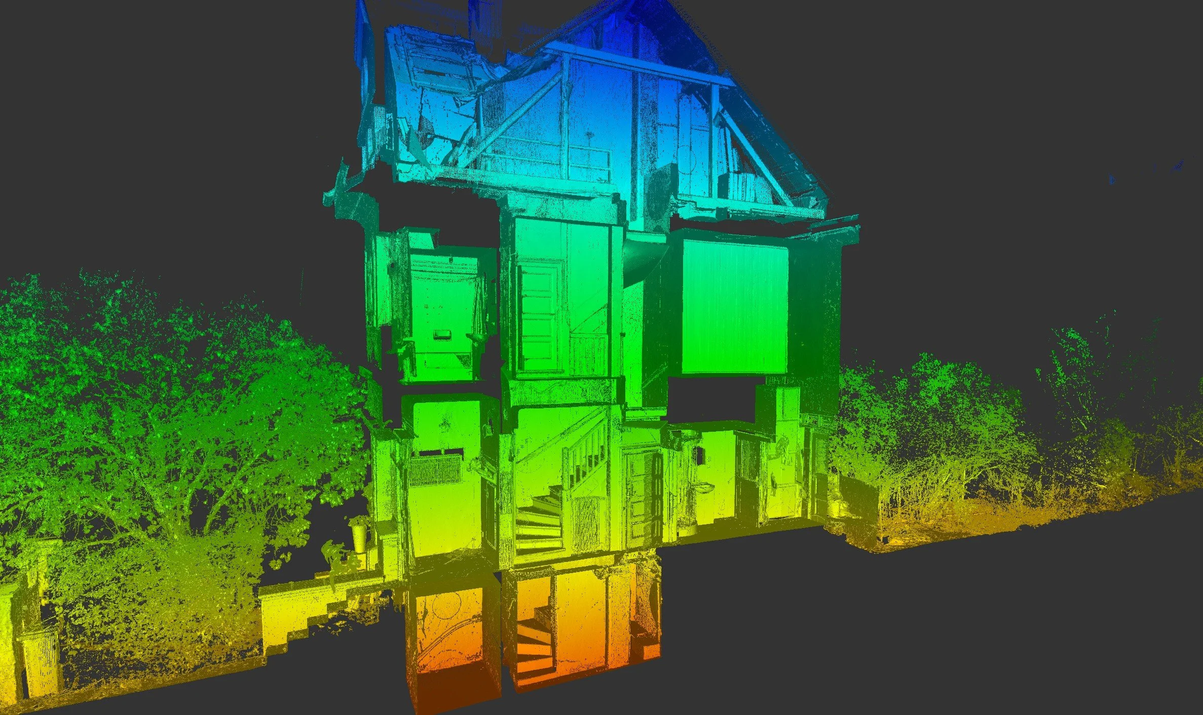 3D mračno bodů z laserového skenování domu s pohledem do interiéru. Detailní digitální model konstrukcí, podlaží a schodišť pro přesné výkresy, řezy a 3D modelování budovy.