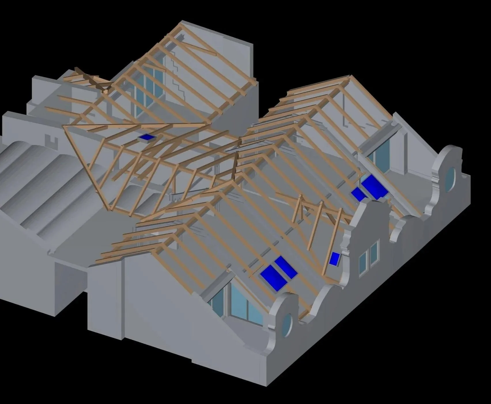 Celkovy pohled na 3D BIM model mansardniho podlazi se slozitym krovem