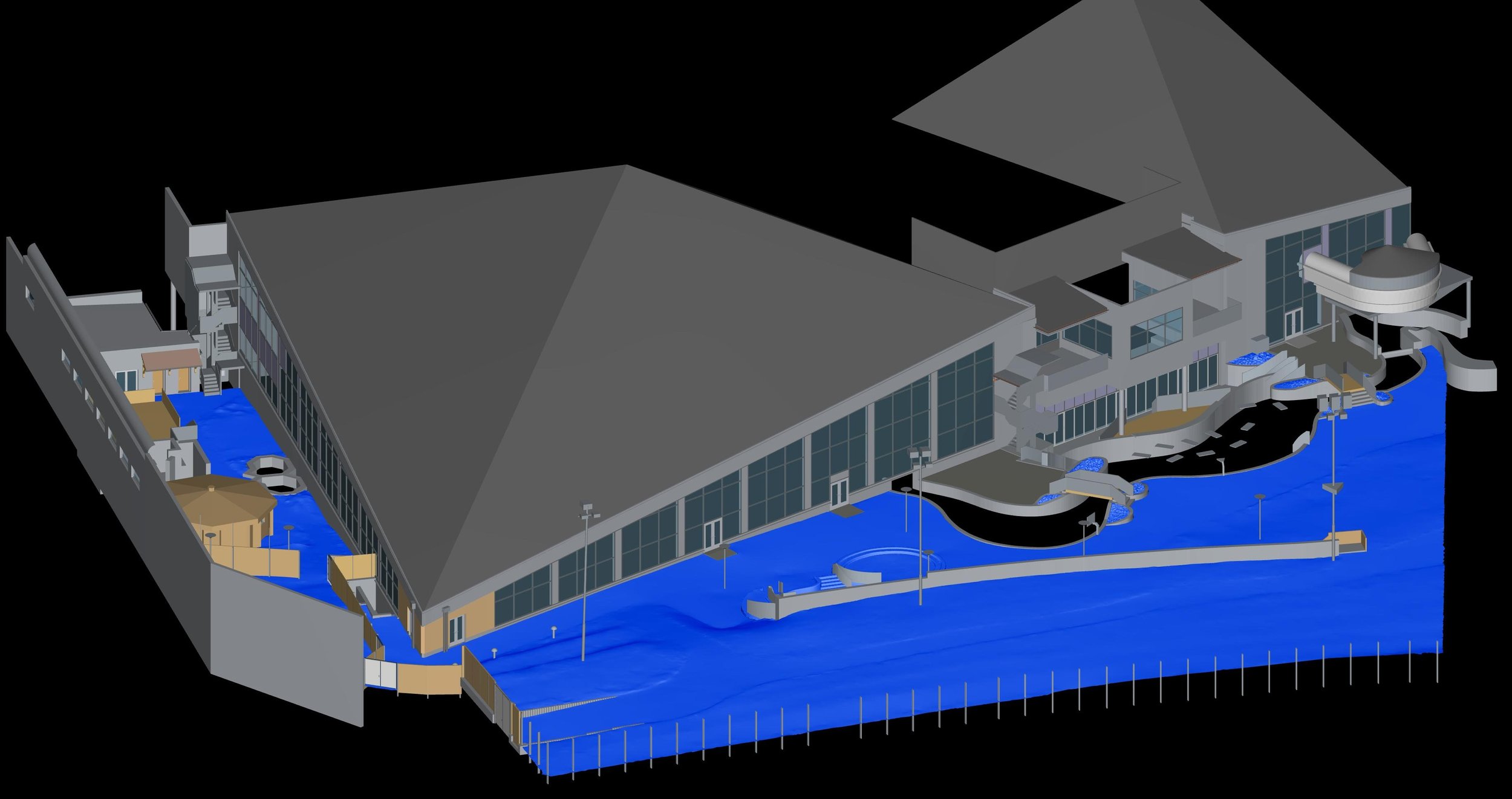 Celkovy pohled na 3D BIM model fasady budovy a prilehleho uzemi. Model vznikl na zaklade zamereni skutecneho stavu a slouzi jako presny podklad pro koordinaci navrhu a dalsi projektove kroky.