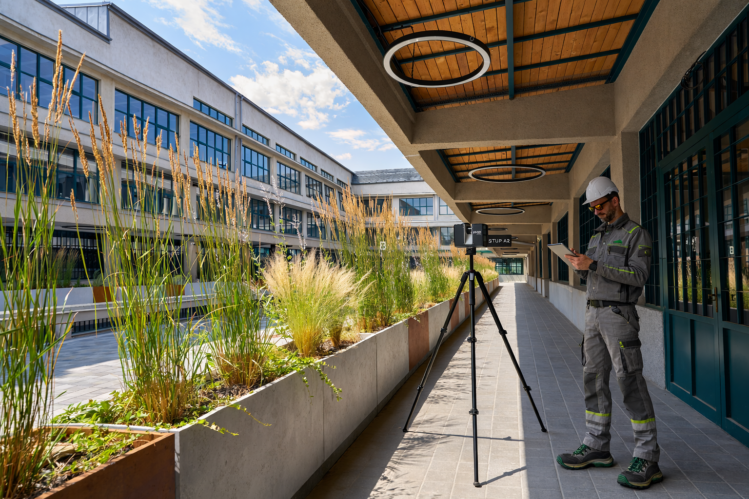 Terrestrial laser scanner surveying a building facade and outdoor courtyard for BIM as-built documentation
