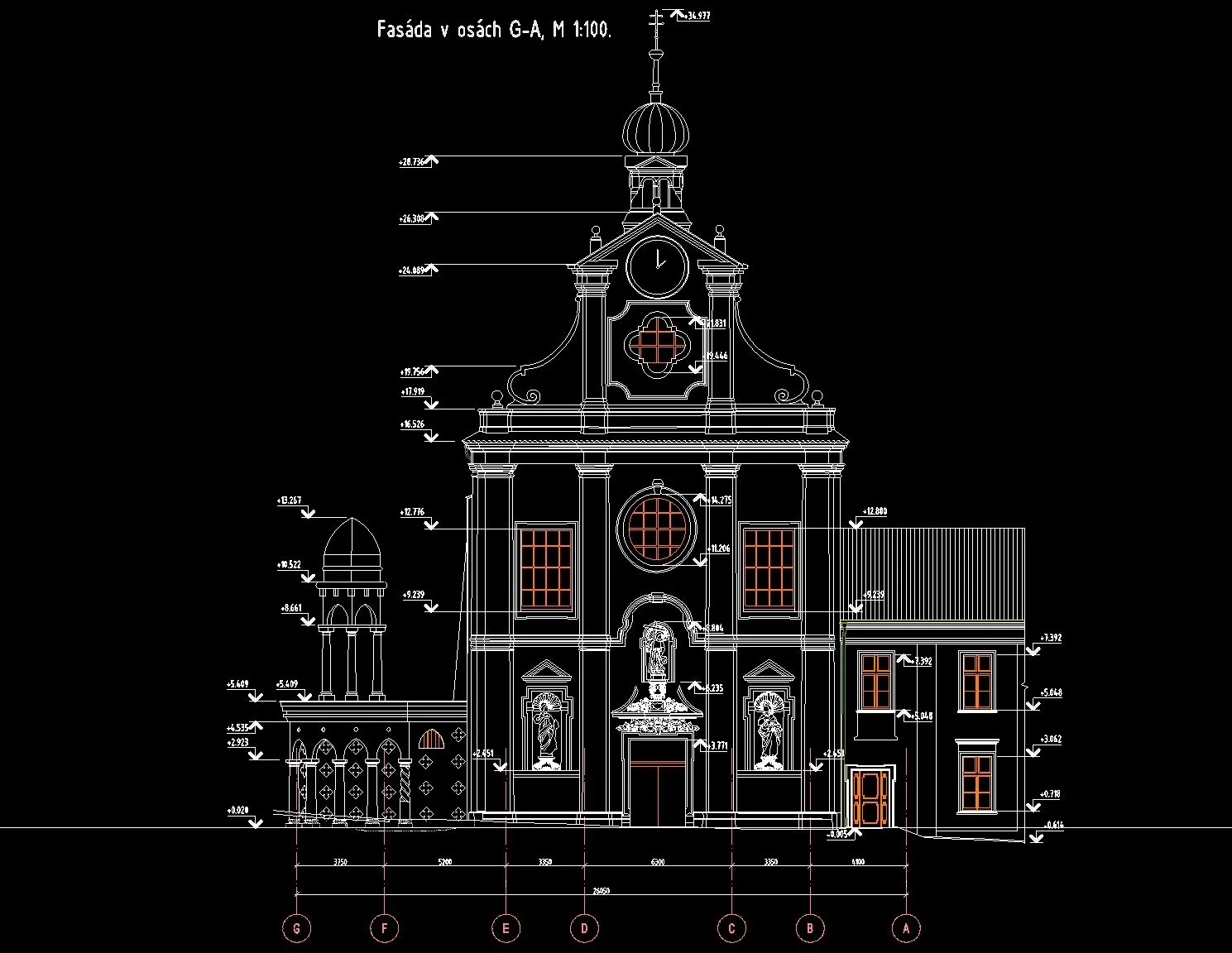 Výkres hlavního průčelí kostela Svaté rodiny na základě zaměření skutečného stavu architektonické památky laserovým skenováním.