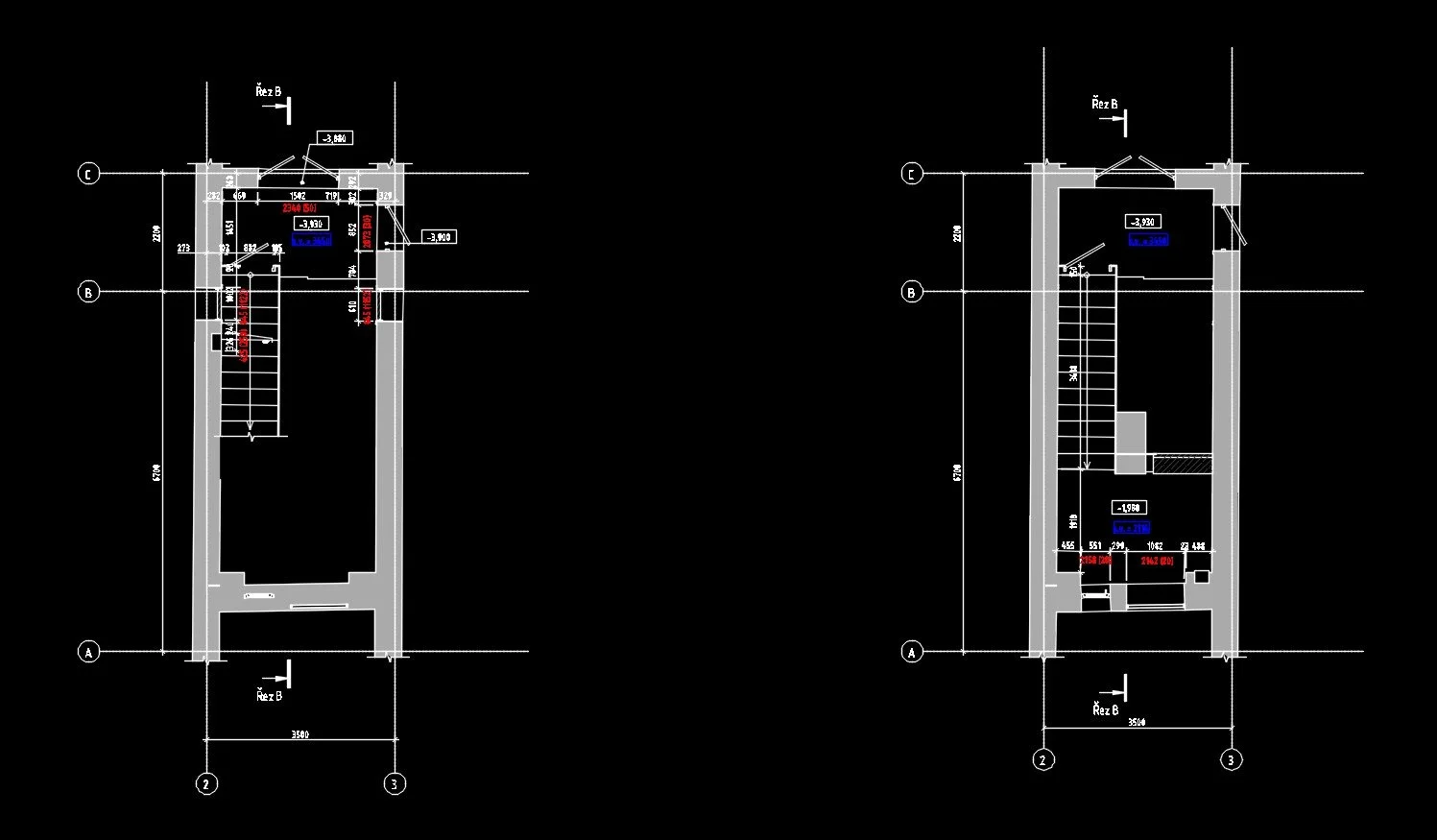 Obmerne 2D plany mansardniho podlazi zpracovane podle laseroveho skenovani a 3D BIM modelu. Plans obsahuje presne kótování a skutecne polohy konstrukci jako podklad pro rekonstrukci.