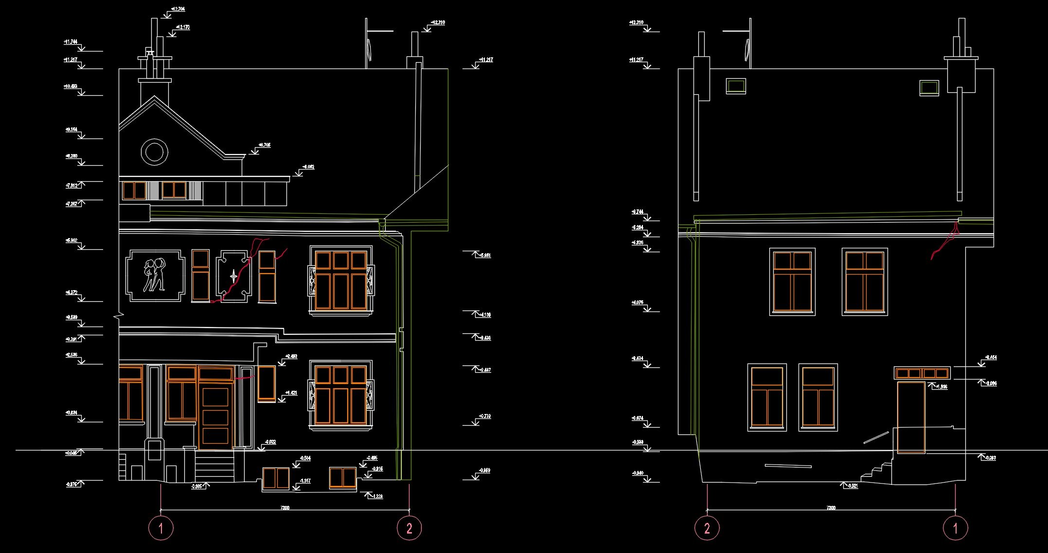 Zaměřené fasády budovy vytvořené pomocí 3D laserového skenování. Výkresy slouží k dokumentaci stávajícího stavu a jako podklad pro rekonstrukci nebo obnovu objektu.