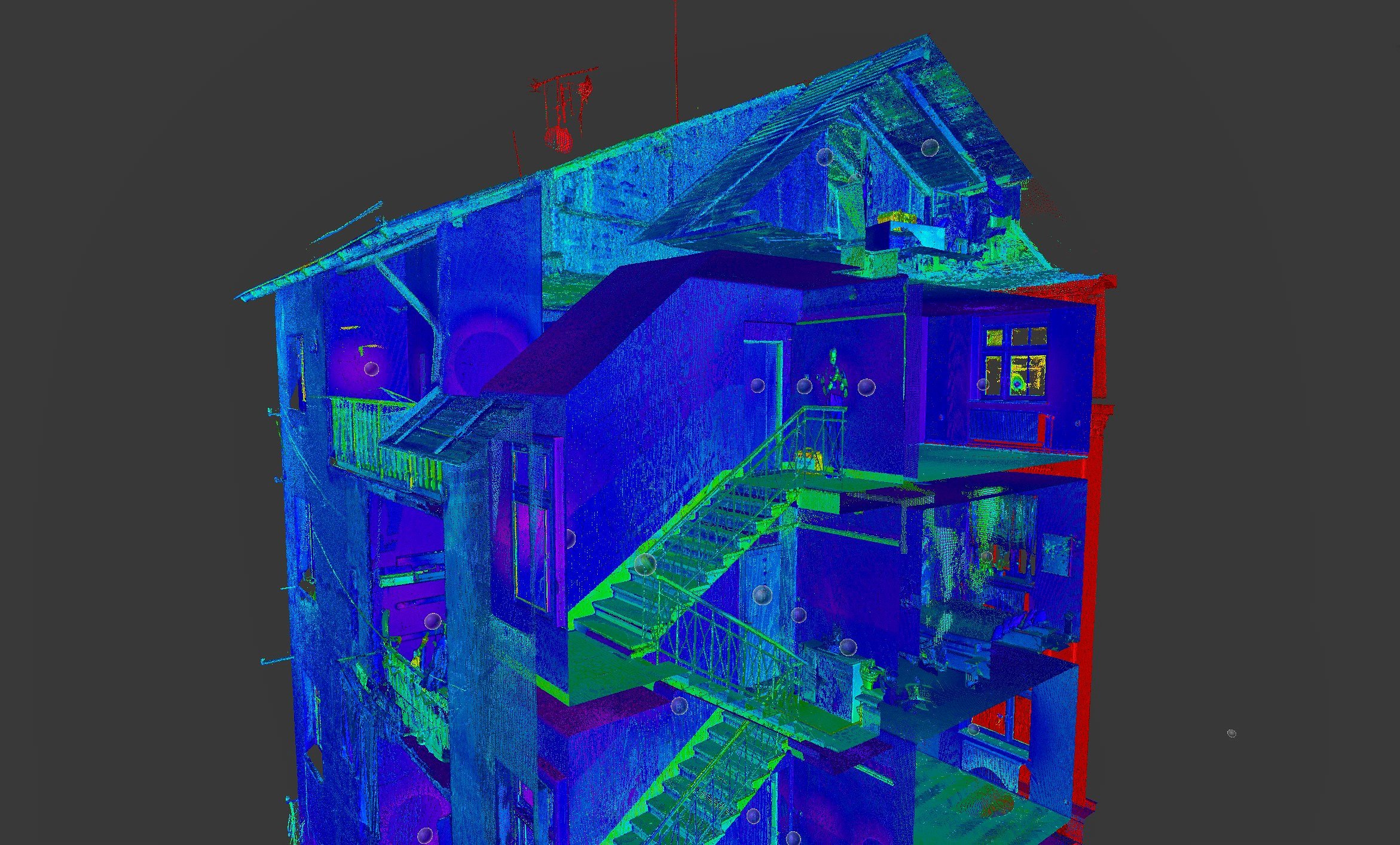 Detailed 3D point cloud of a building with stairs, balconies and attic space
