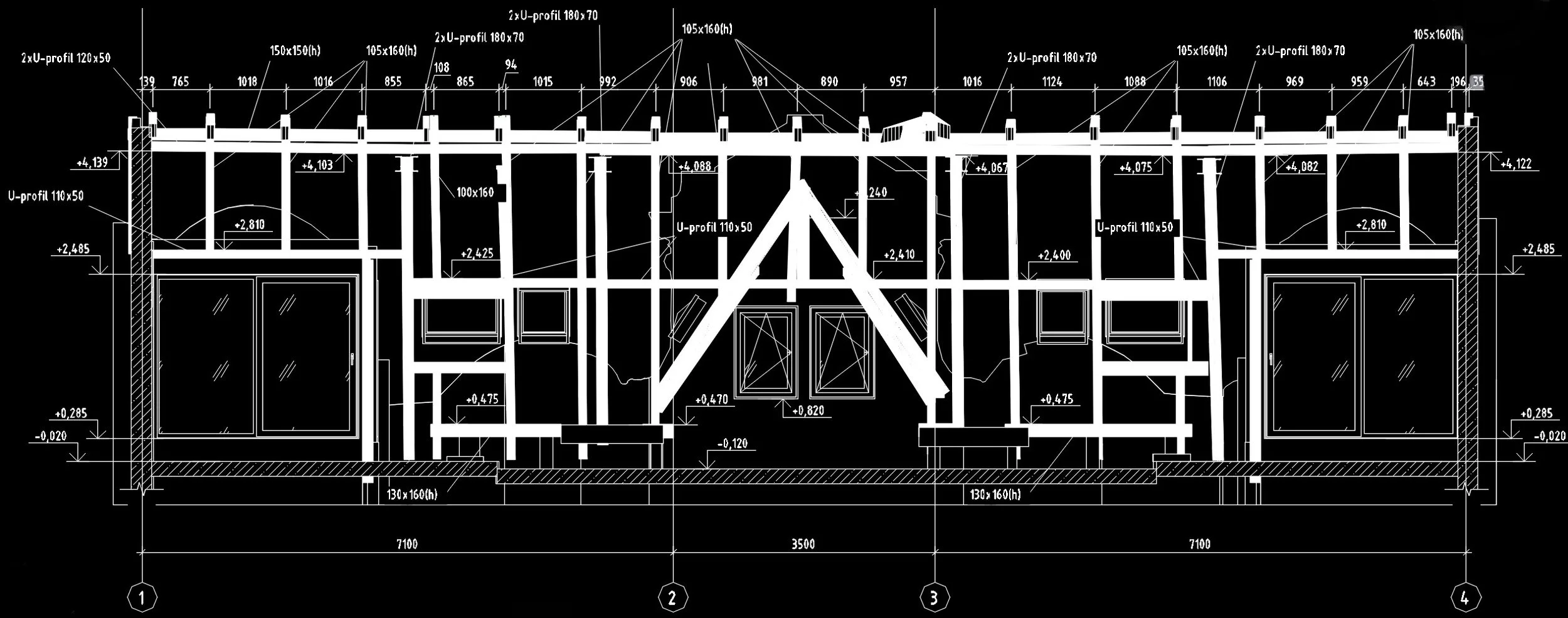 Obmerny rez mansardniho podlazi zpracovany podle skutecneho stavu z laseroveho skenovani a 3D BIM modelu. Vykres ukazuje skladbu krovu, vyskove urovne a prurezy drevenych i ocelovych nosniku.