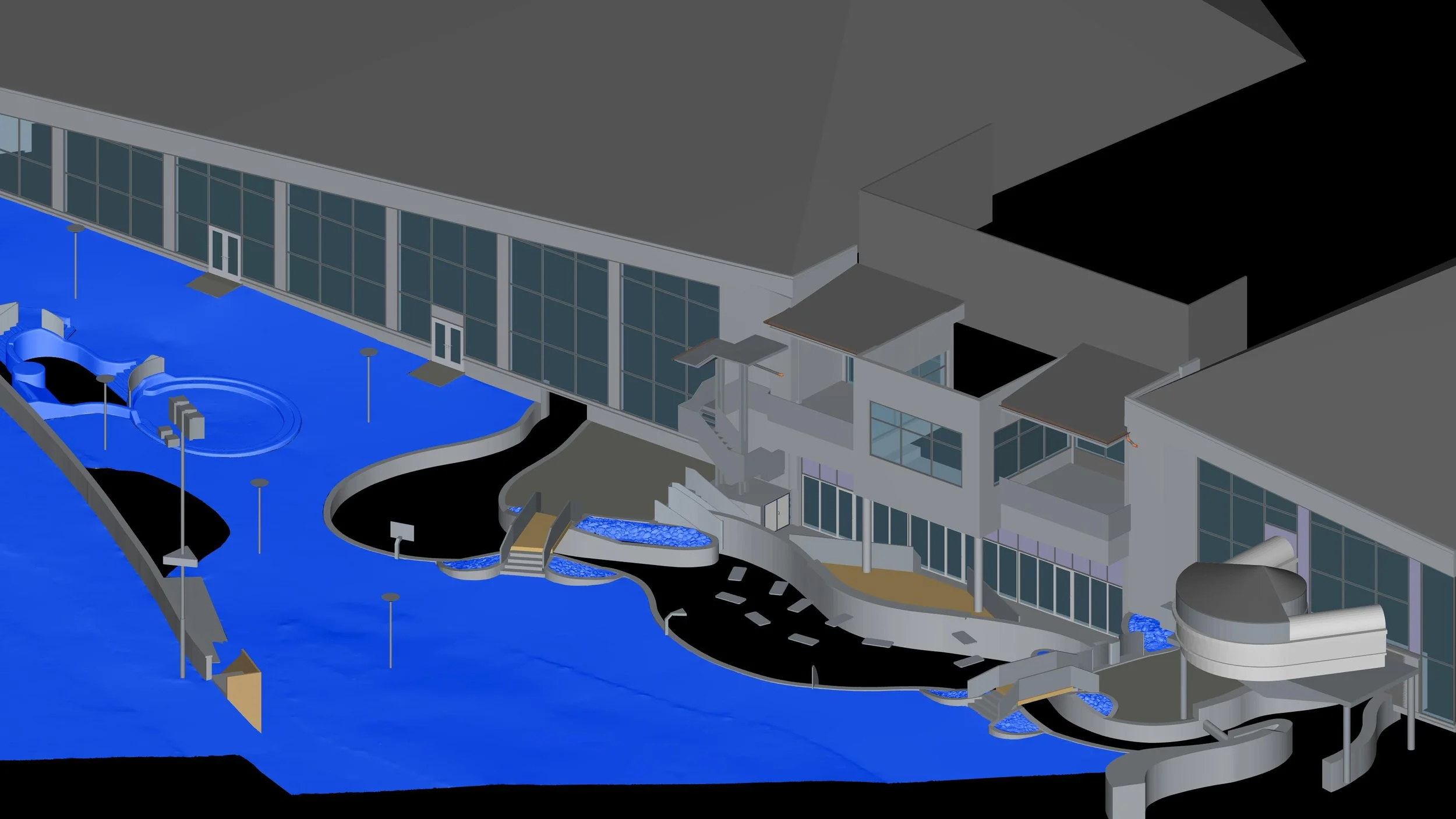 Detailní 3D BIM model fasády a přilehlých venkovních ploch Aquapalace Praha vytvořený na základě pozemního laserového skenování. Model přesně zachycuje geometrii budovy, bazénové části, komunikace i terén jako podklad pro dokumentaci skutečného stavu