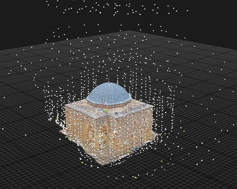 3D point cloud of a historic domed building created using photogrammetry from aerial and ground imagery.
