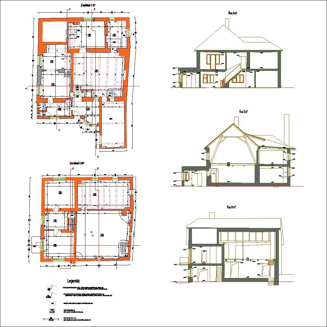 Půdorysy a řezy budovy vytvořené na základě laserového skenování.