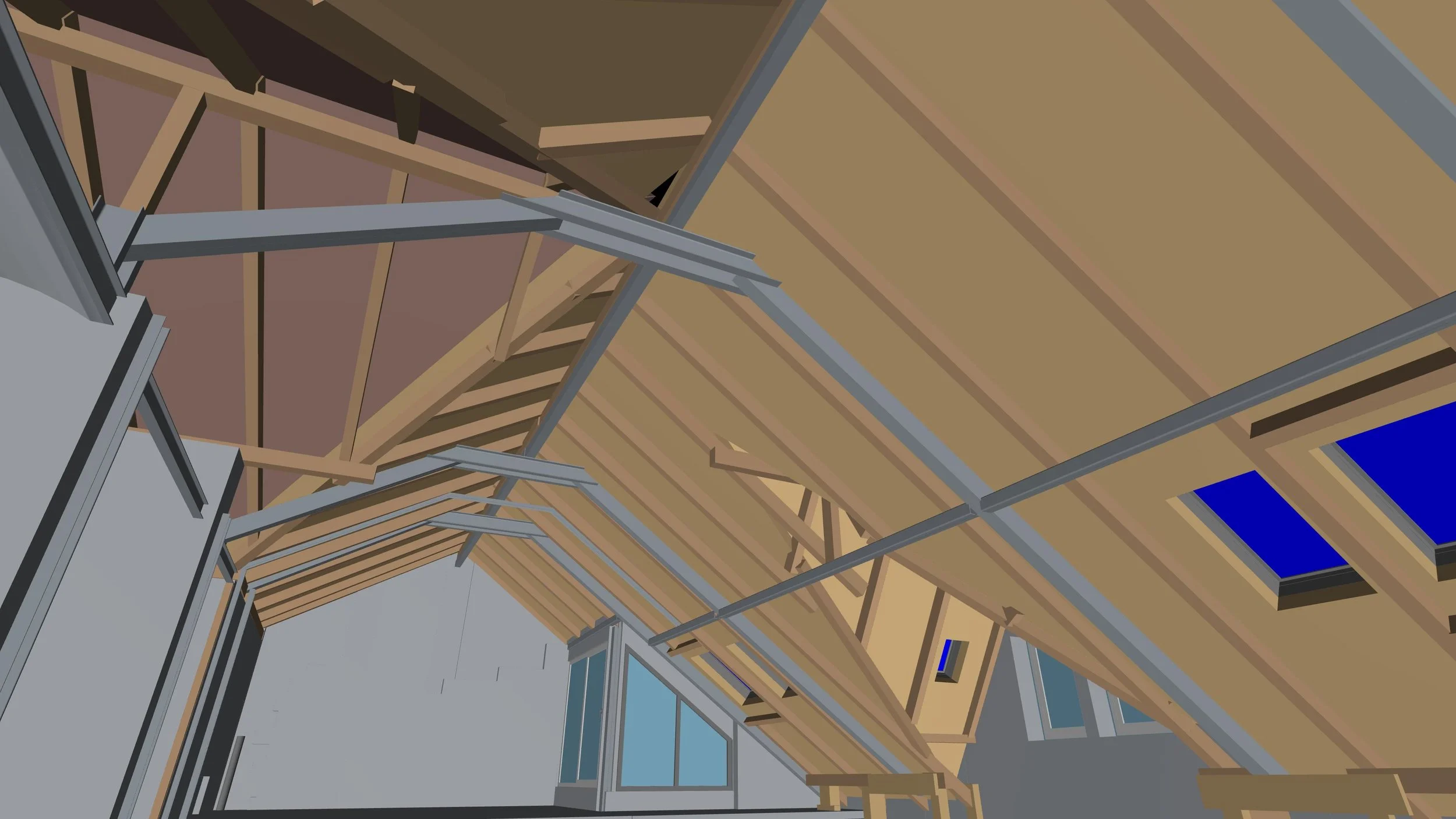 3D BIM model krovu mansardniho podlazi s drevenymi a ocelovymi nosniky