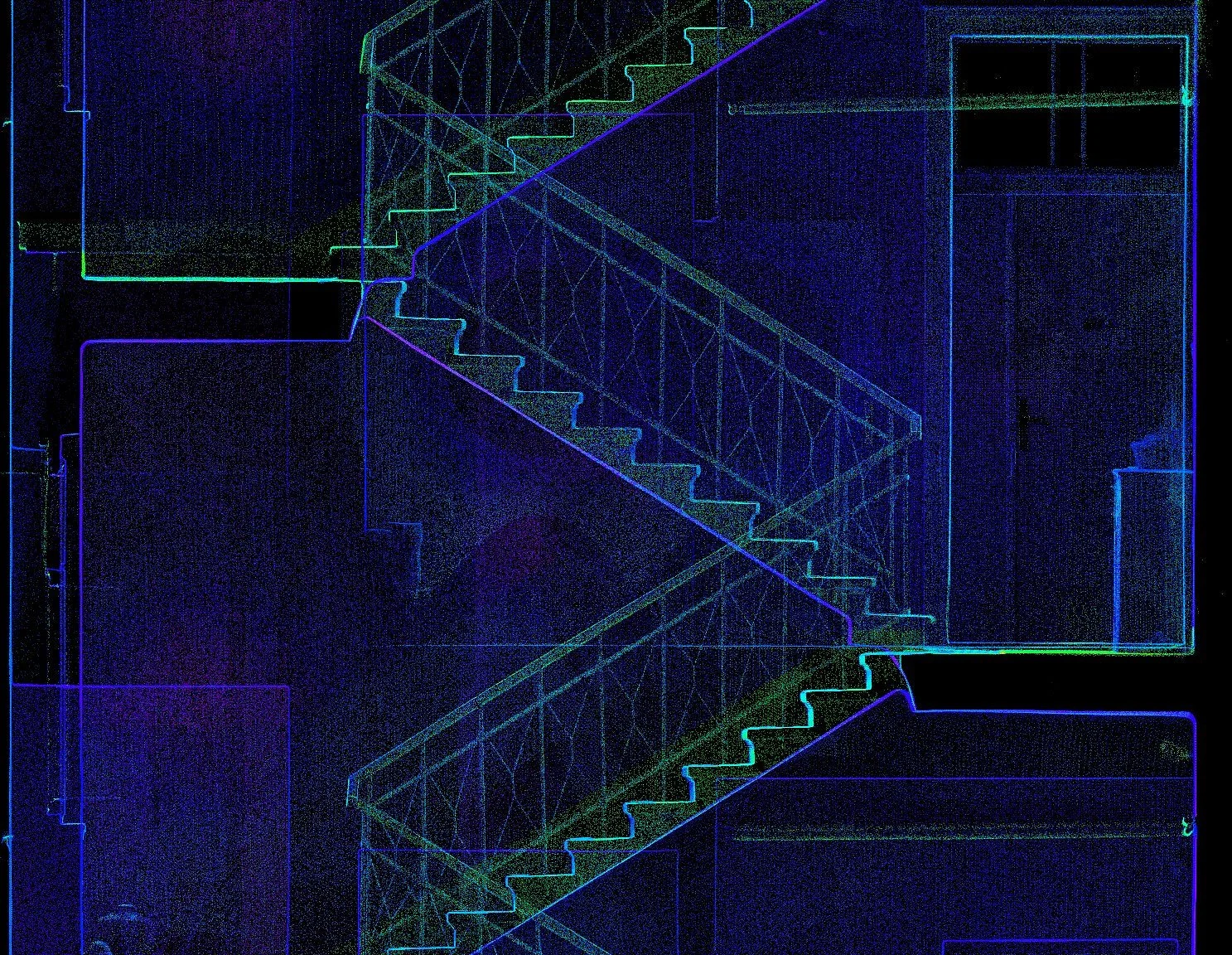 3D laser scan detail of a building staircase and entrance area.