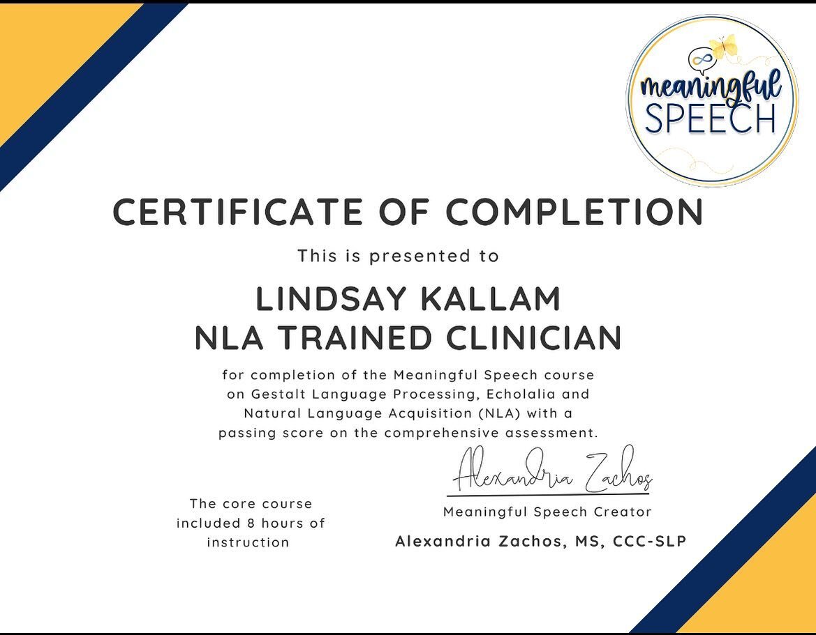 Officially an NLA Trained Clinician!

I&rsquo;m so thankful for @meaningfulspeech making this course available and helping me understand all of my Gestalt Language Processors. I&rsquo;m also very thankful for all the research, effort and time @blancm