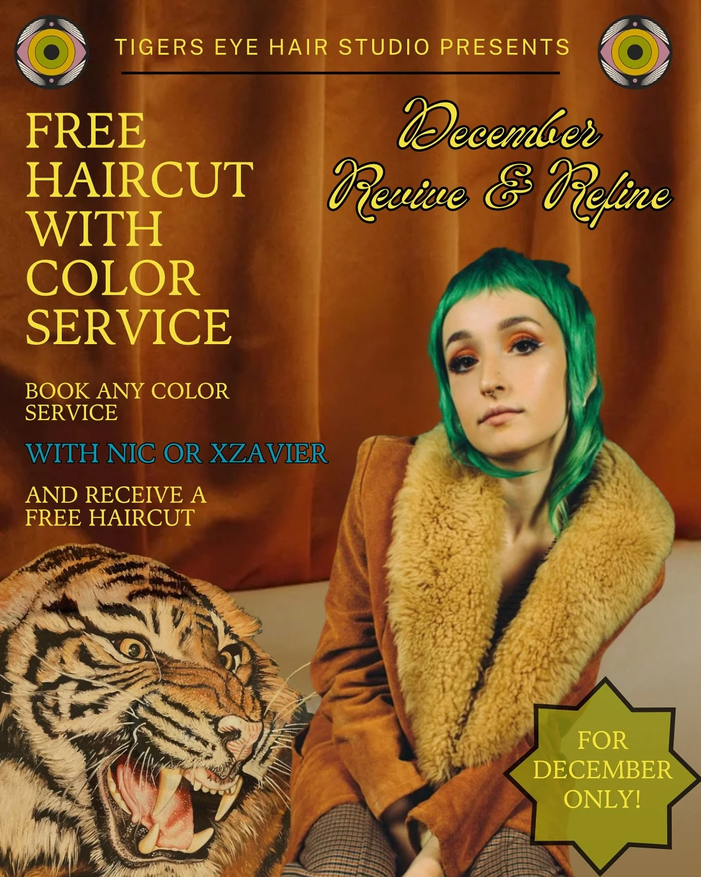 ✨ Special promo happening now at Tiger&rsquo;s Eye Hair Studio! ✨
Fresh cuts, vibrant color, and fearless confidence&mdash;book your spot before it&rsquo;s gone!
#TigersEyeHairStudio #HairPromo #newlookwhodis