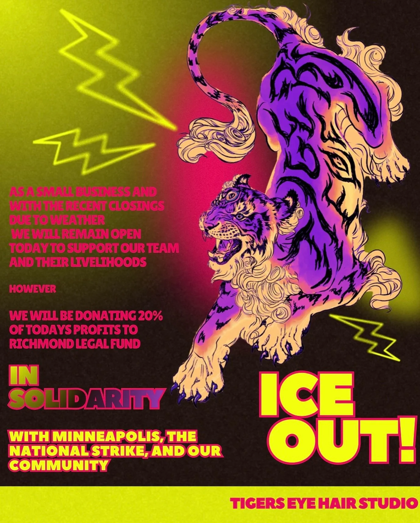 Today is big!! Support the national strike! Abolish ICE!! Support local businesses and your neighbors.  @tigers.eye.hair.studio with be donating 20% of today&rsquo;s profits to @richmondlegalfund. The Richmond Community Legal Fund is a nonprofit lega