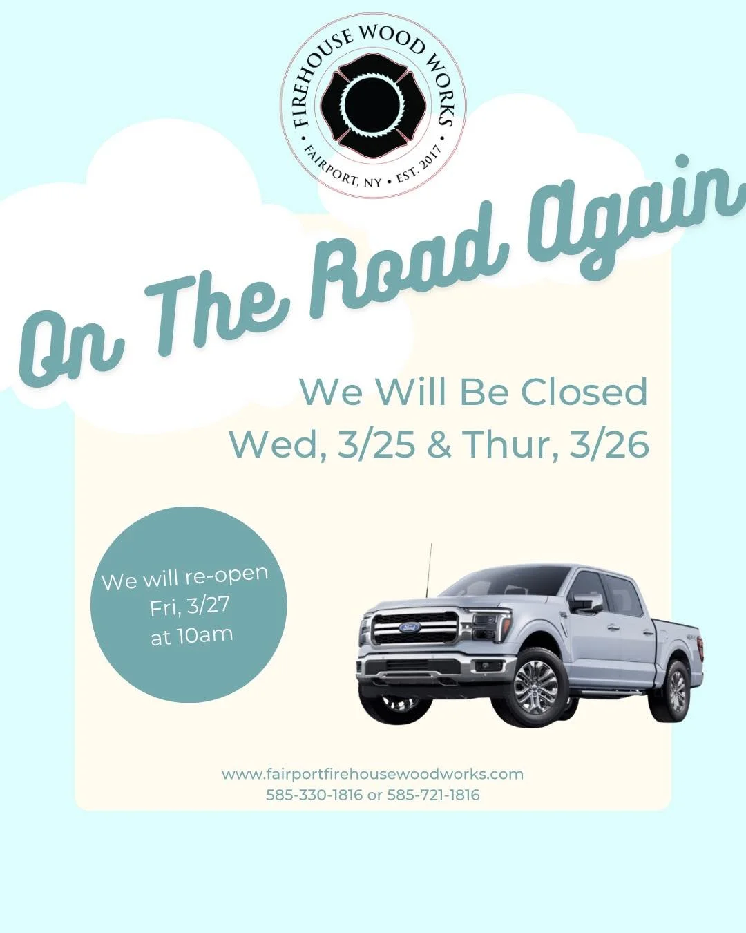 See you on Friday, March 27! 🛻🛣️
.
.
.
📍113 N. Main Street, Fairport, NY
💻www.fairportfirehousewoodworks.com
🔨handmade for you🔨

#ourlittlefirehouse #handmadeforyou #webuildstufftogether #enjoyingretirementtogether👍#handmadeinfairport #shoploc