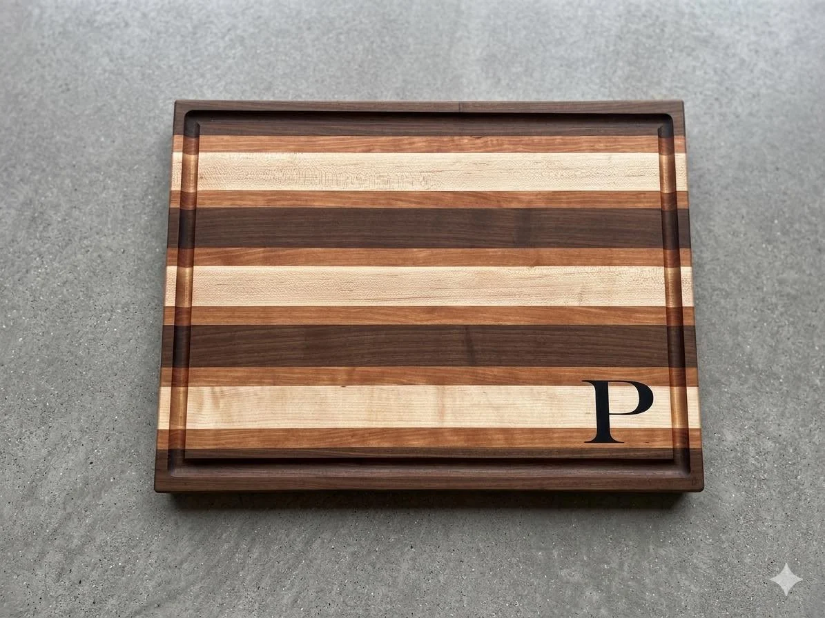 Clean lines. Bold contrast in colors. Juice groove. Personalized 👍🏽

This x-large walnut, cherry and maple cutting board checks all the boxes ✅

Are you ready for BBQ season 🤔
.
.
.
📍113 N. Main Street, Fairport, NY
💻www.fairportfirehousewoodwor