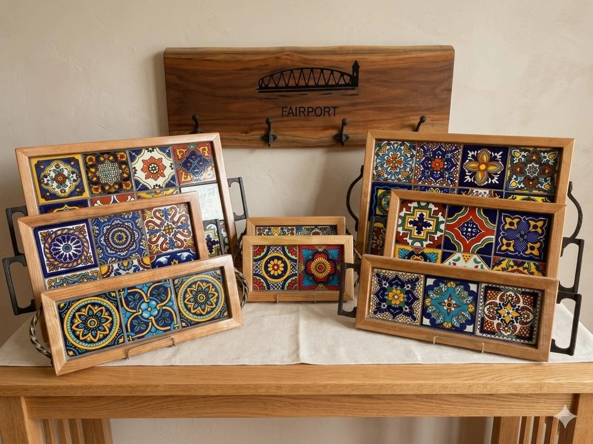 Bring a vibrant look to your home decor combining a natural look of cherry wood grains with, colorful hand-painted and imported Mexican ceramic tile. 

Come shop with us Wed - Fri 10-4 and Sat 10-2.
.
.
.
📍113 N. Main Street, Fairport, NY
💻www.fair