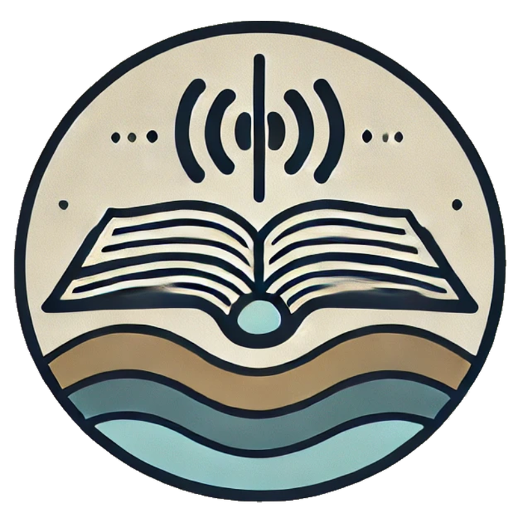 Icon of an open book with sound waves and circles, symbolizing audio learning or a podcast.