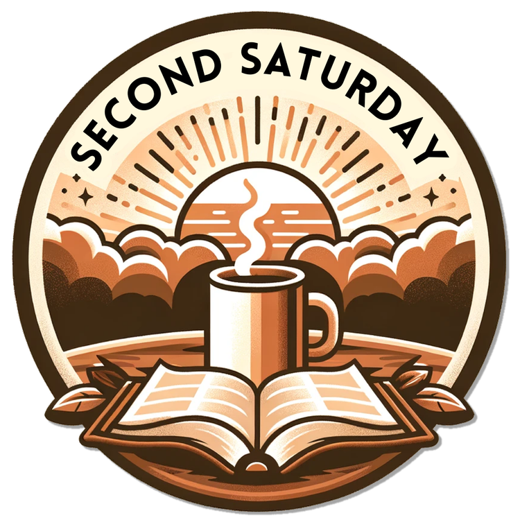Circular badge with the text "Second Saturday" above a stylized sunrise, with a steaming coffee cup and an open book below.
