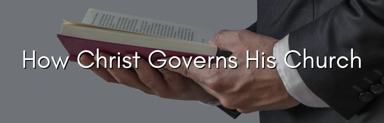 Person in a suit holding an open book with the text 'How Christ Governs His Church' overlaid.