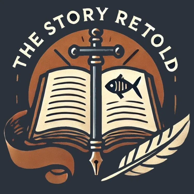 Illustration of an open book with a fish cartoon and a sword, quill, and ribbon. Text "The Story Retold" above.
